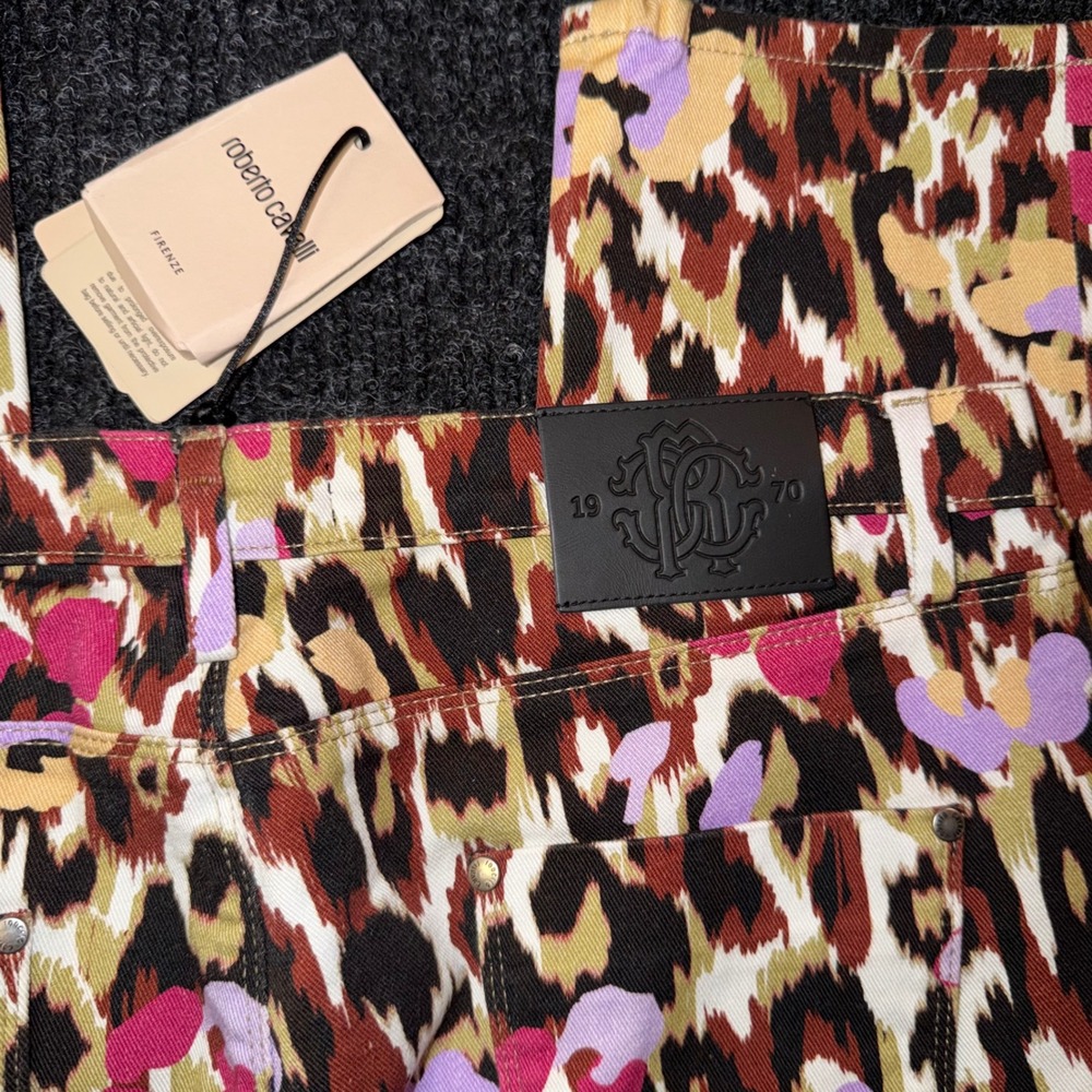 NWT Roberto Cavalli Ikat Leopard Floral Print Jeans IT 48 / US 12 COA  Italy - Picture 8 of 16
